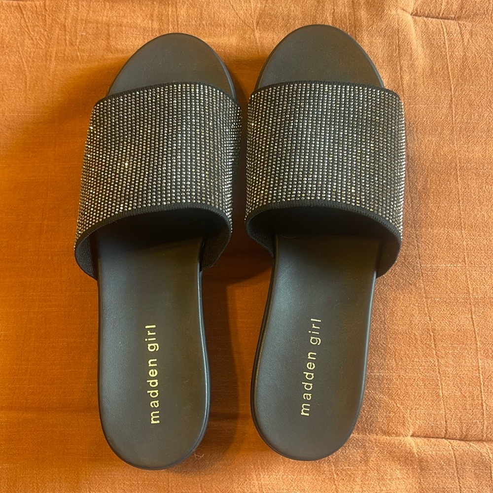 Madden girl black sparkle wedges platforms